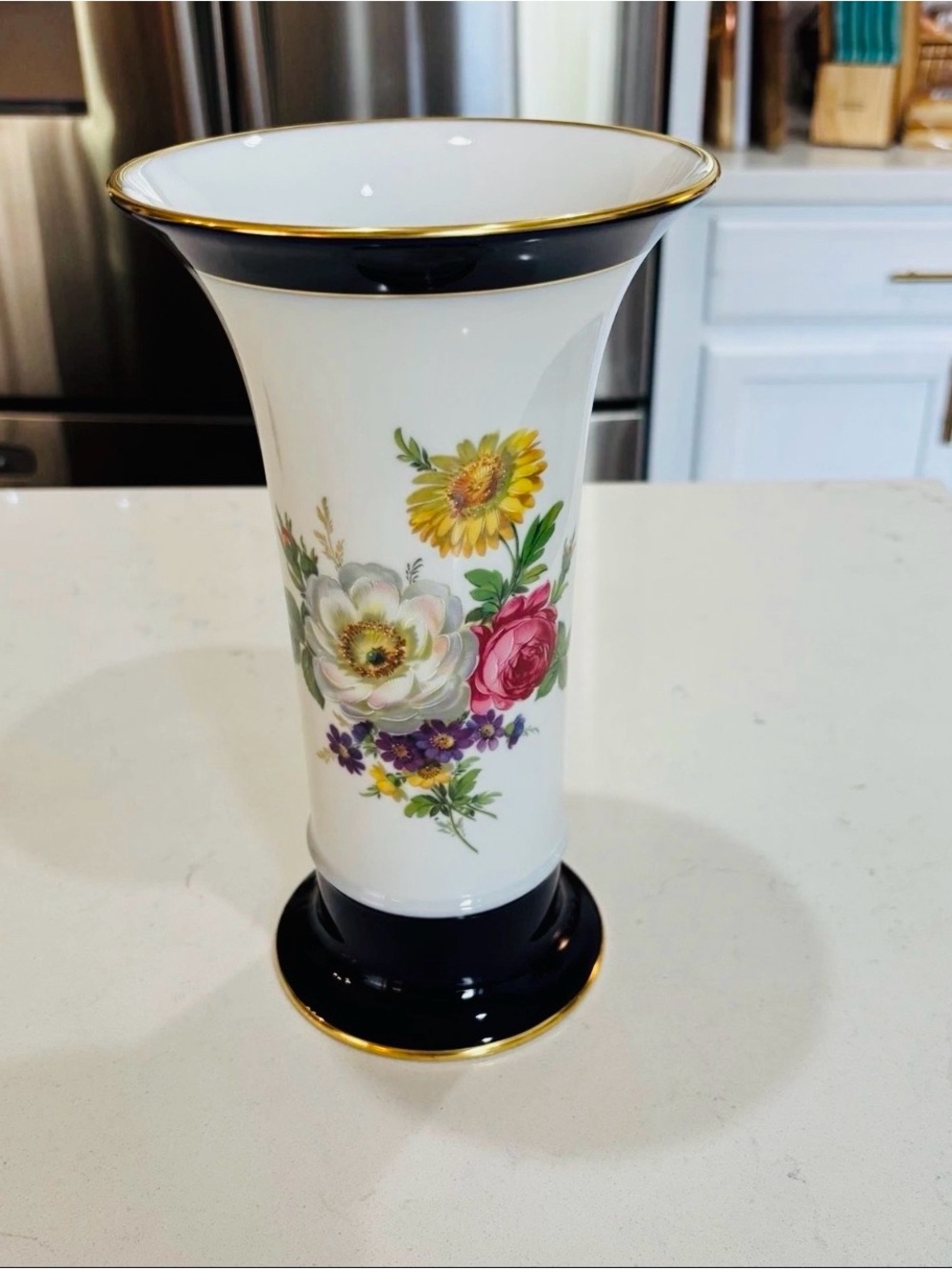 Kaiser Imperial Cobalt Blue & Gold Floral Porcelain Vase West Germany 10”. 798/2